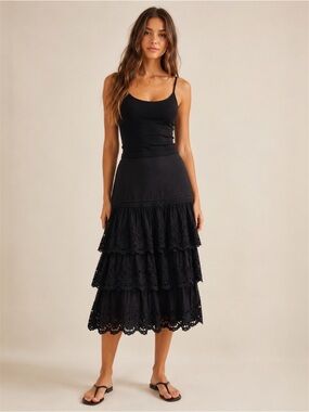 Tularosa Black Tiered Eyelet Ruffle Midi Skirt Revolve Small
